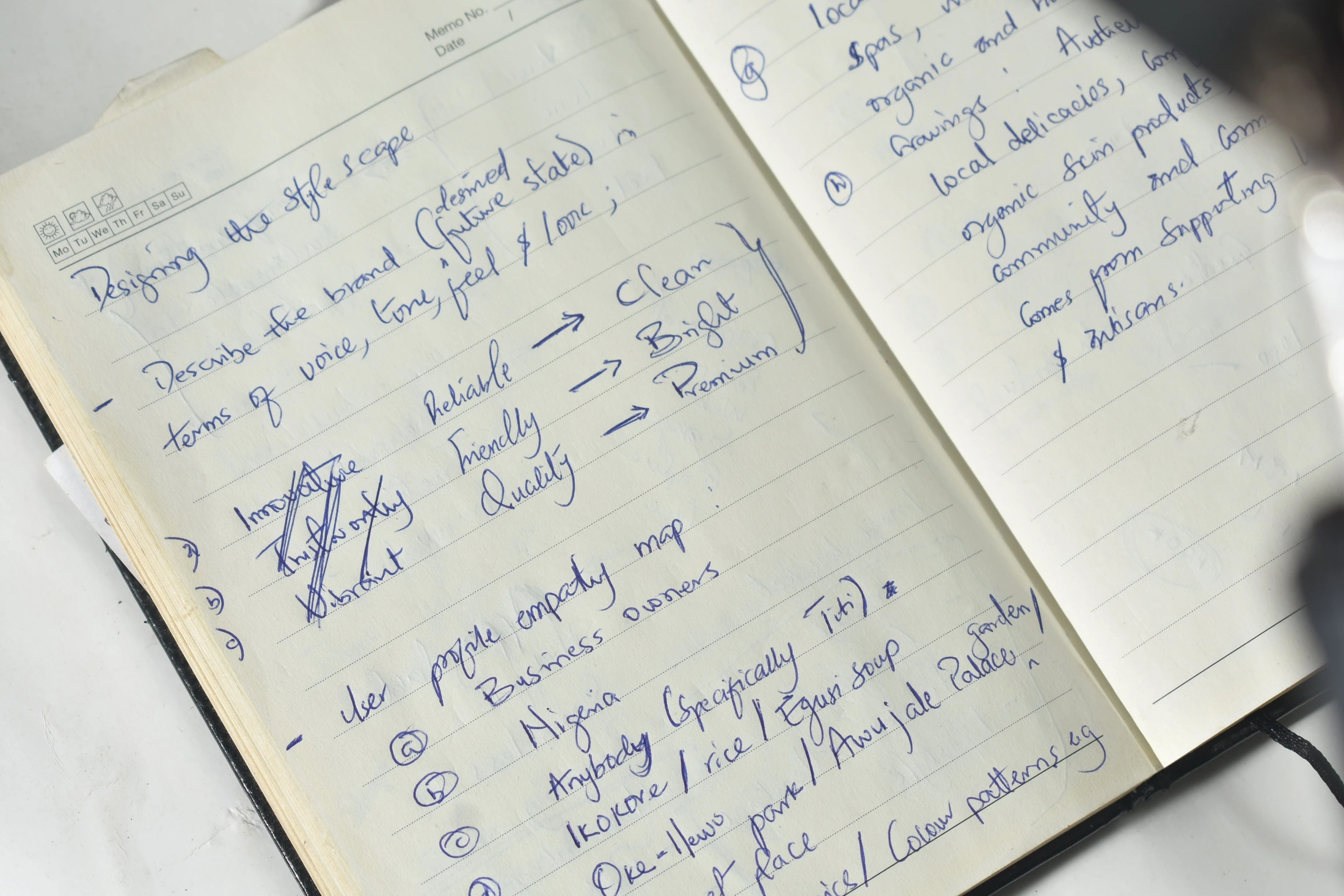 Open notebook with handwritten brand strategy explorations